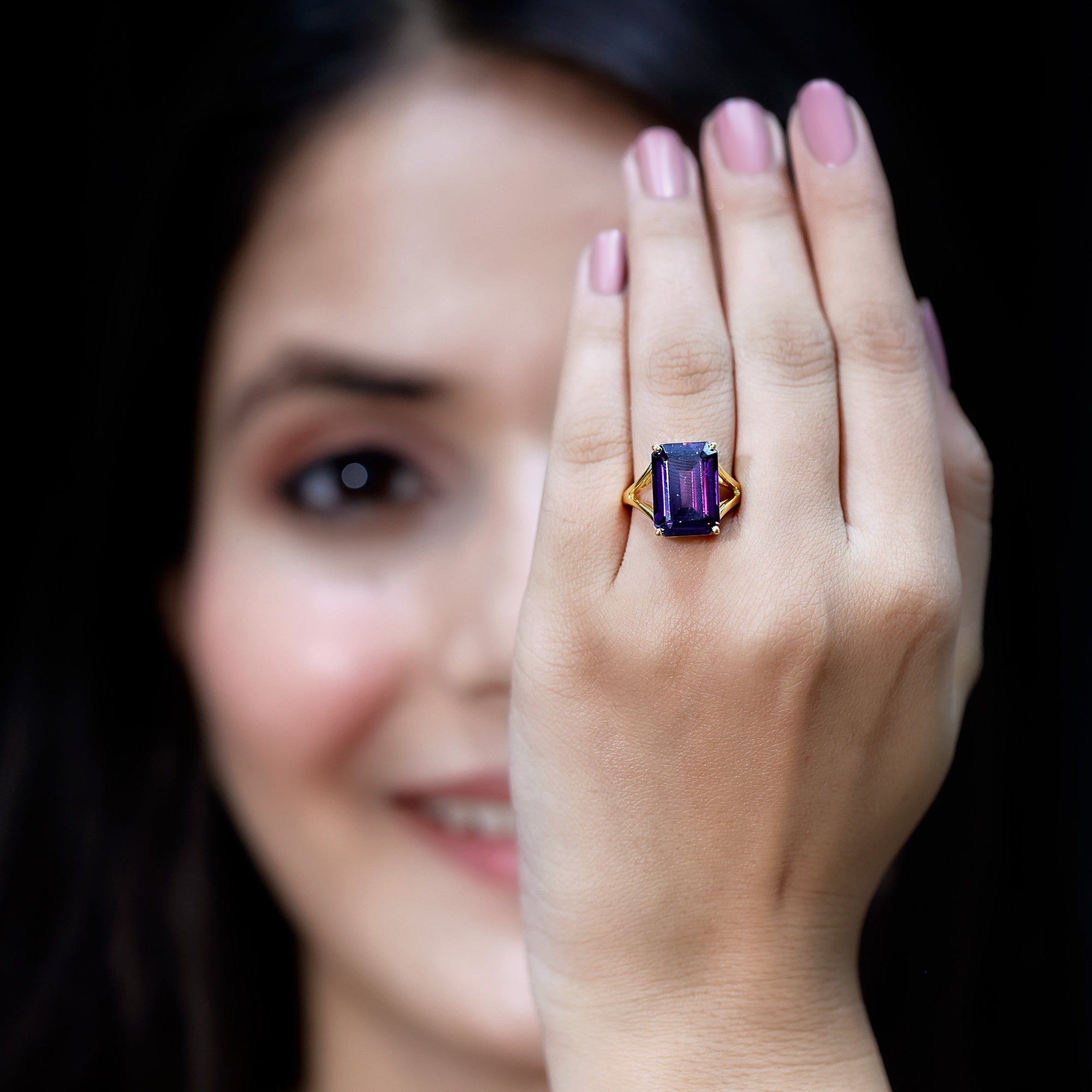 Certified 10X14 MM Emerald Cut Lab Grown Amethyst Engagement Ring