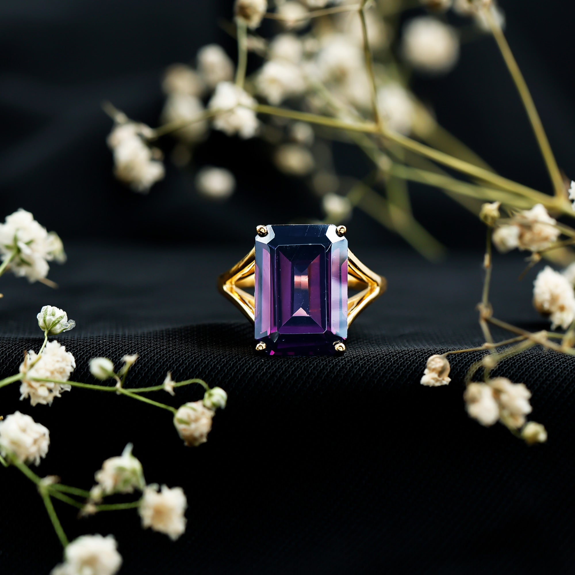 Certified 10X14 MM Emerald Cut Lab Grown Amethyst Engagement Ring