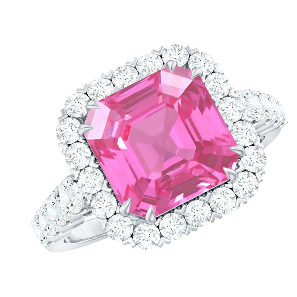 Certified Lab Grown Pink Sapphire 9mm Asscher Cut Engagement Ring in Silver