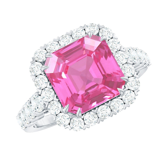 Certified Lab Grown Pink Sapphire 9mm Asscher Cut Engagement Ring in Silver
