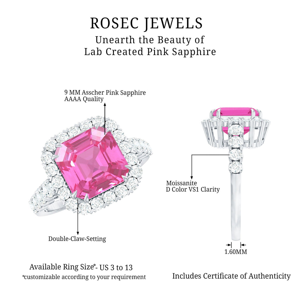 Certified Lab Grown Pink Sapphire 9mm Asscher Cut Engagement Ring in Silver