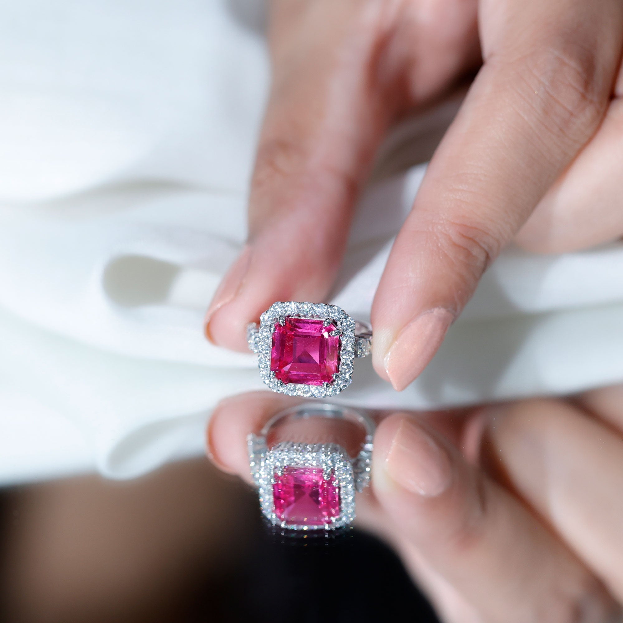 Certified Lab Grown Pink Sapphire 9mm Asscher Cut Engagement Ring in Silver