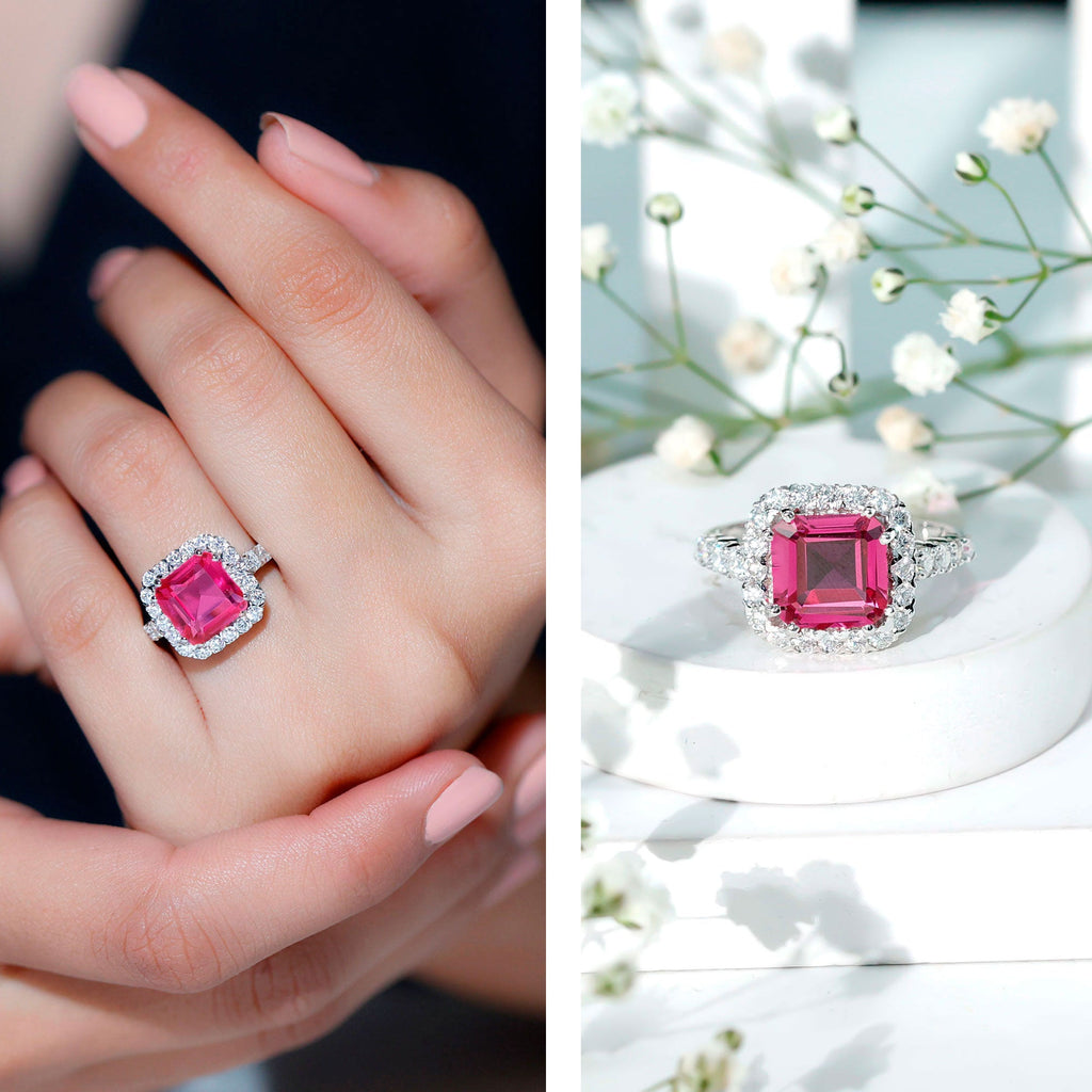 Certified Lab Grown Pink Sapphire 9mm Asscher Cut Engagement Ring in Silver