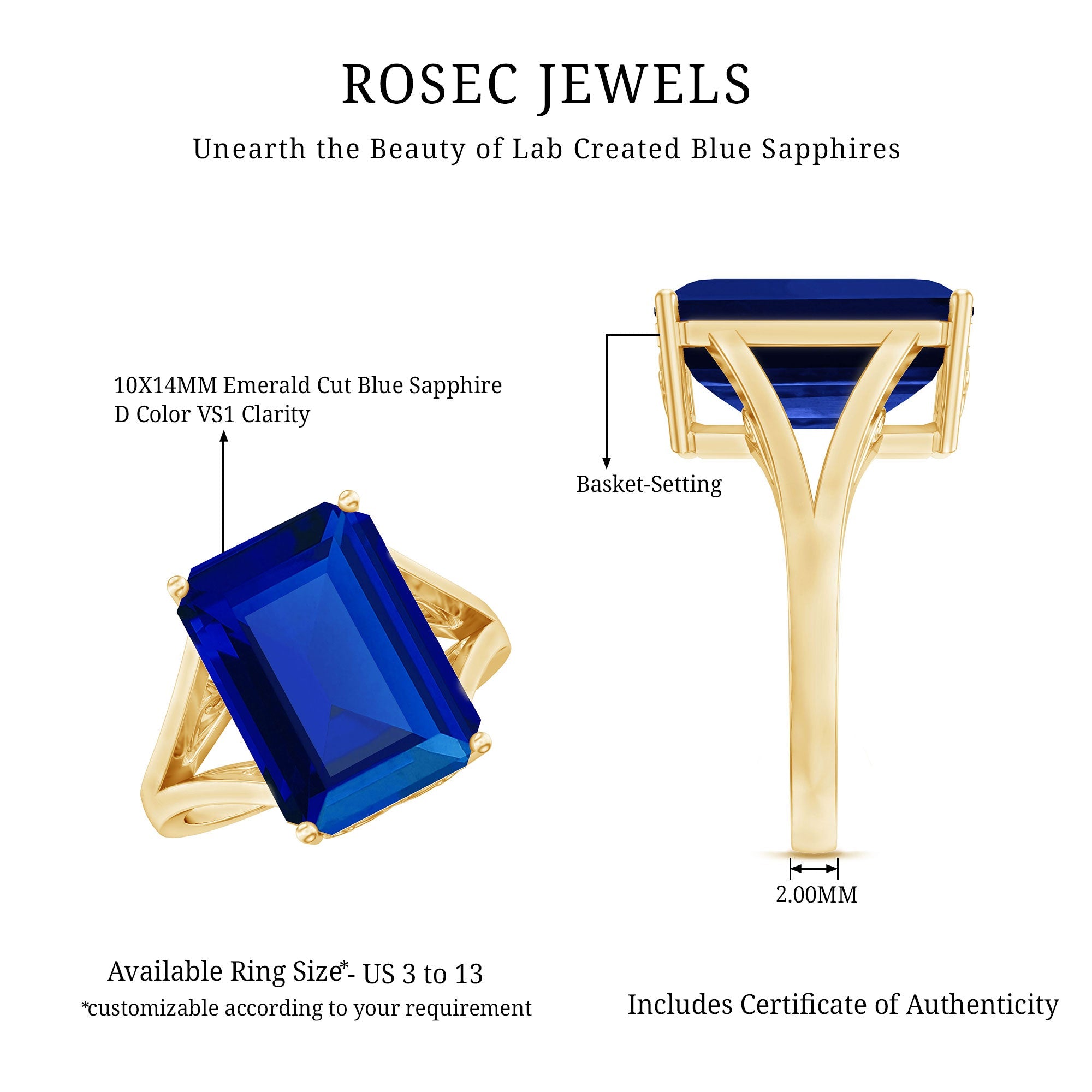 Emerald Cut 10X14MM Lab Created Blue Sapphire Engagement Ring for Women