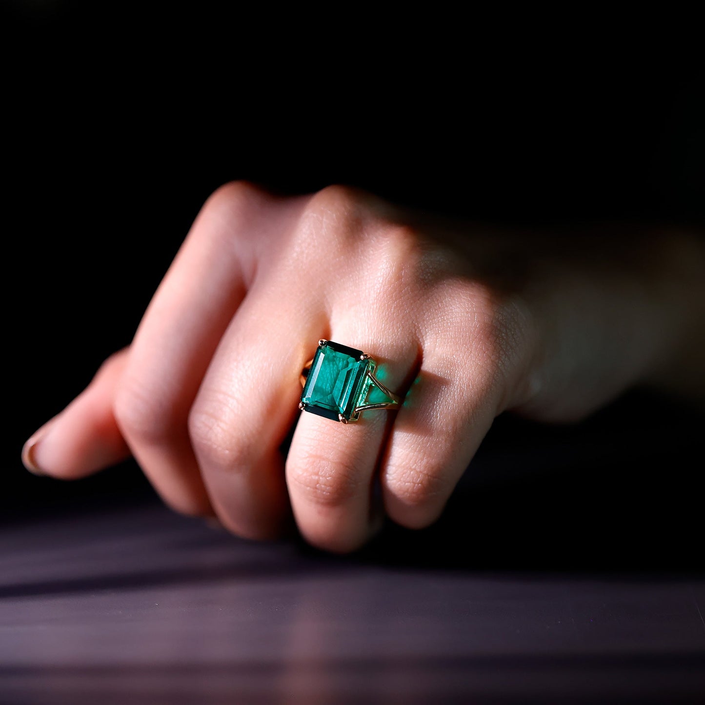 Lab Emerald 10X14mm Emerald Cut Engagement Ring in Yellow Gold Plated Silver