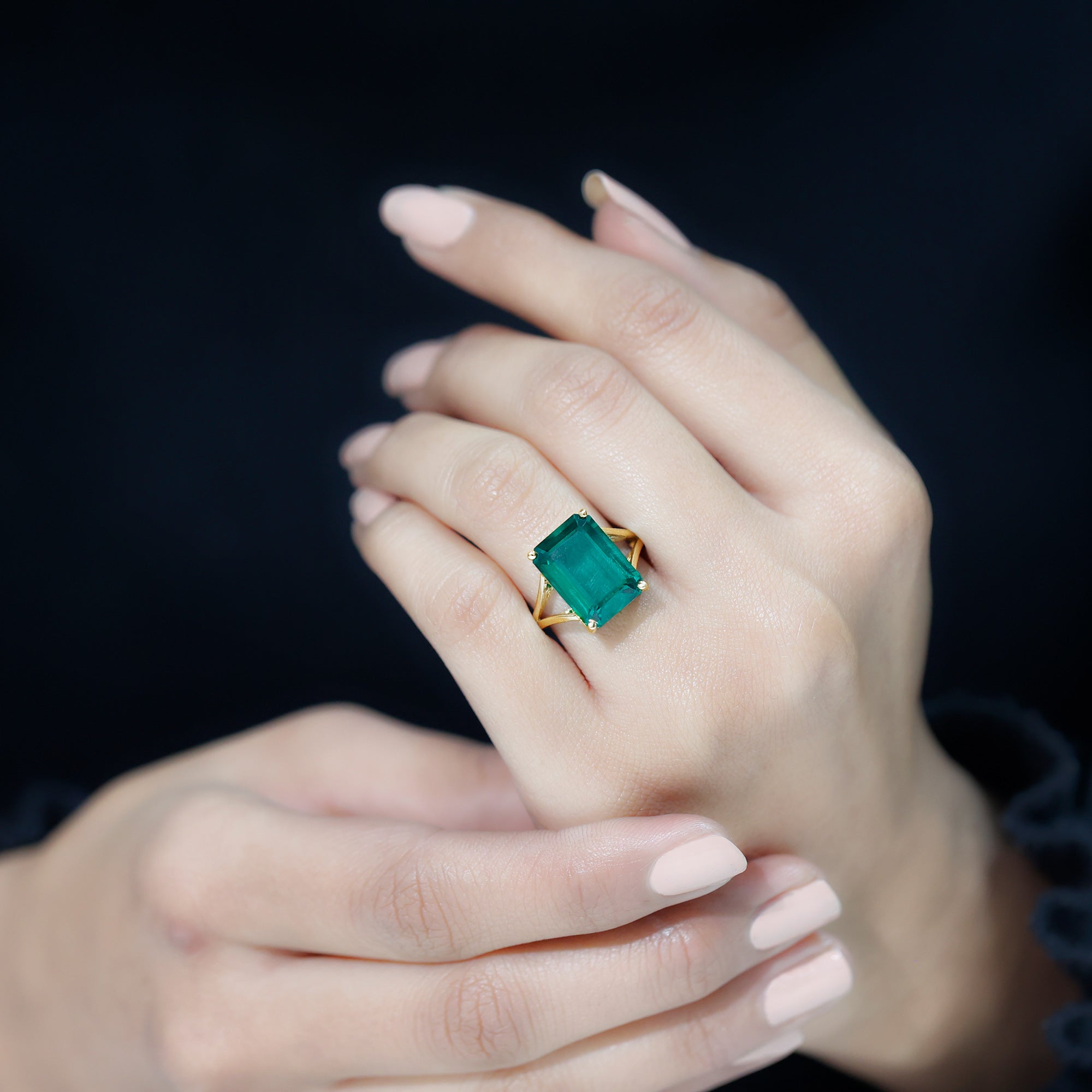 Lab Emerald 10X14mm Emerald Cut Engagement Ring in Yellow Gold Plated Silver