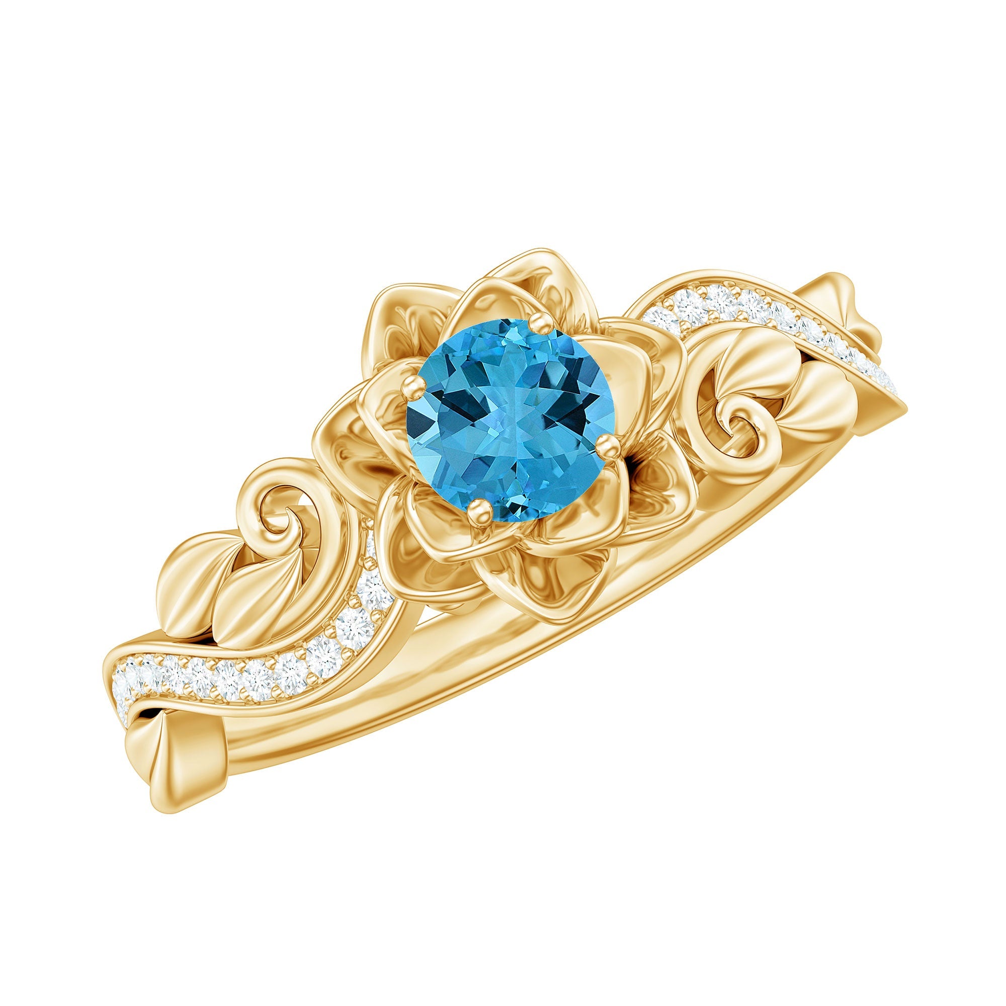 Natural Swiss Blue Topaz Flower Engagement Ring in Gold Plated Silver