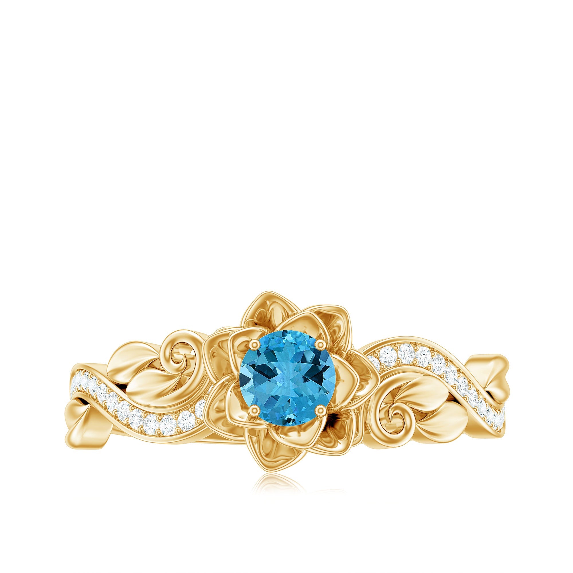 Natural Swiss Blue Topaz Flower Engagement Ring in Gold Plated Silver