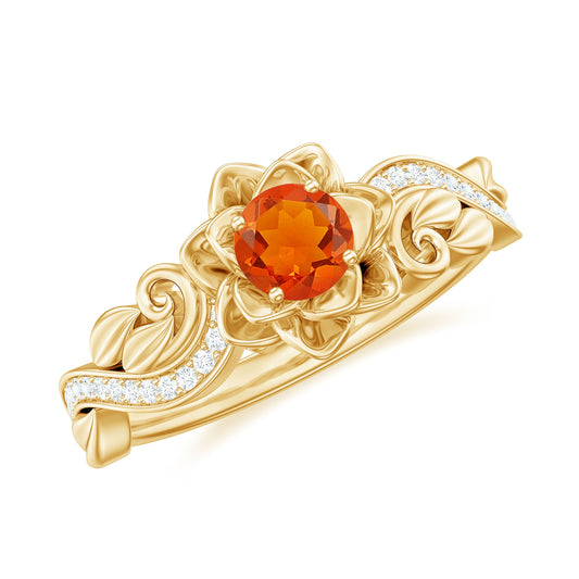 Certified Fire Opal and Diamond Rose Flower Engagement Ring