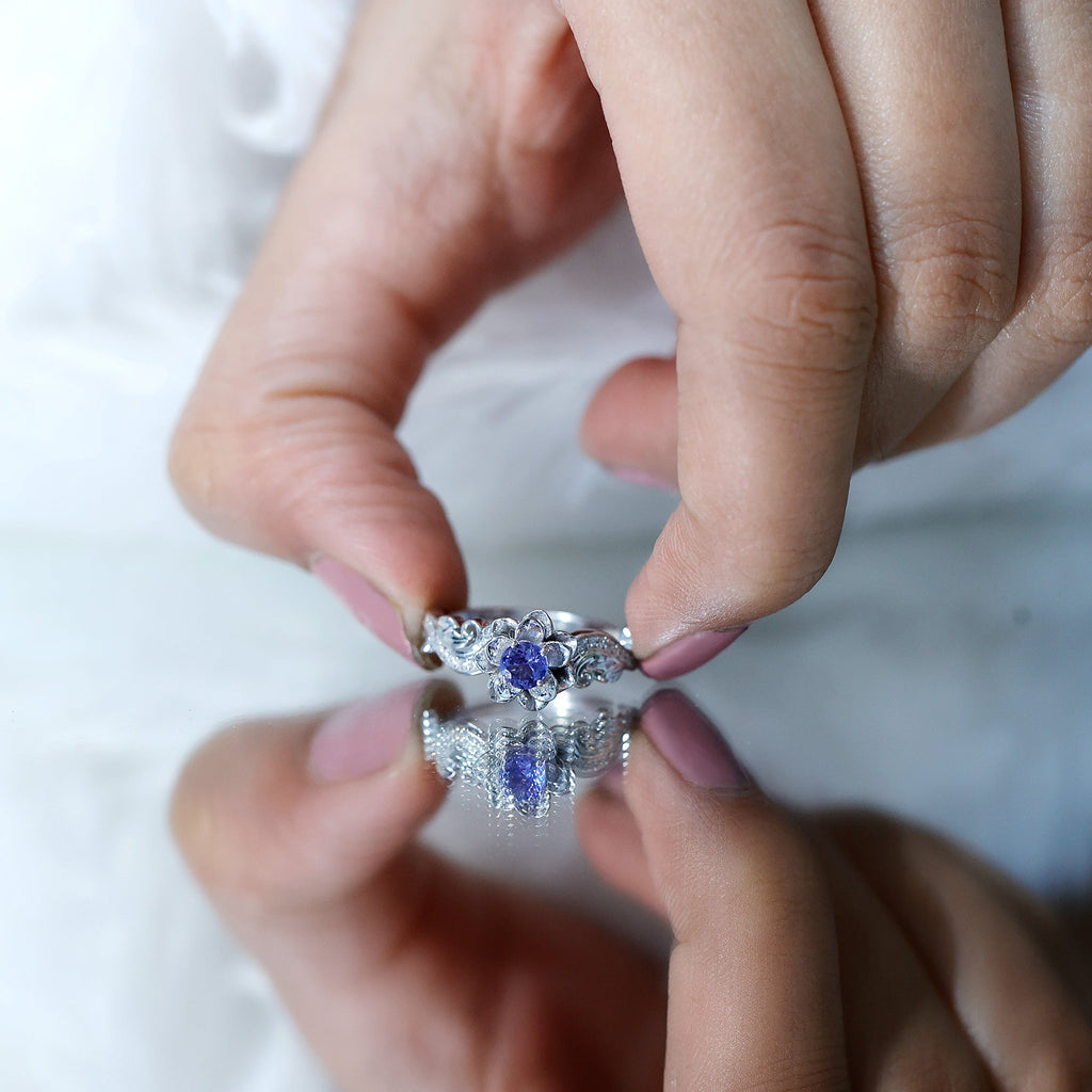 Certified Tanzanite and Diamond Flower Engagement Ring in Silver