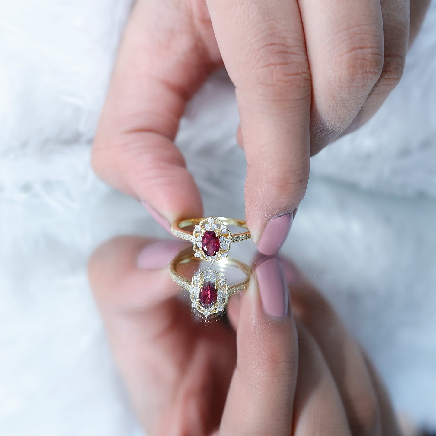 Vintage Engagement Ring with Rhodolite Garnet and Diamond