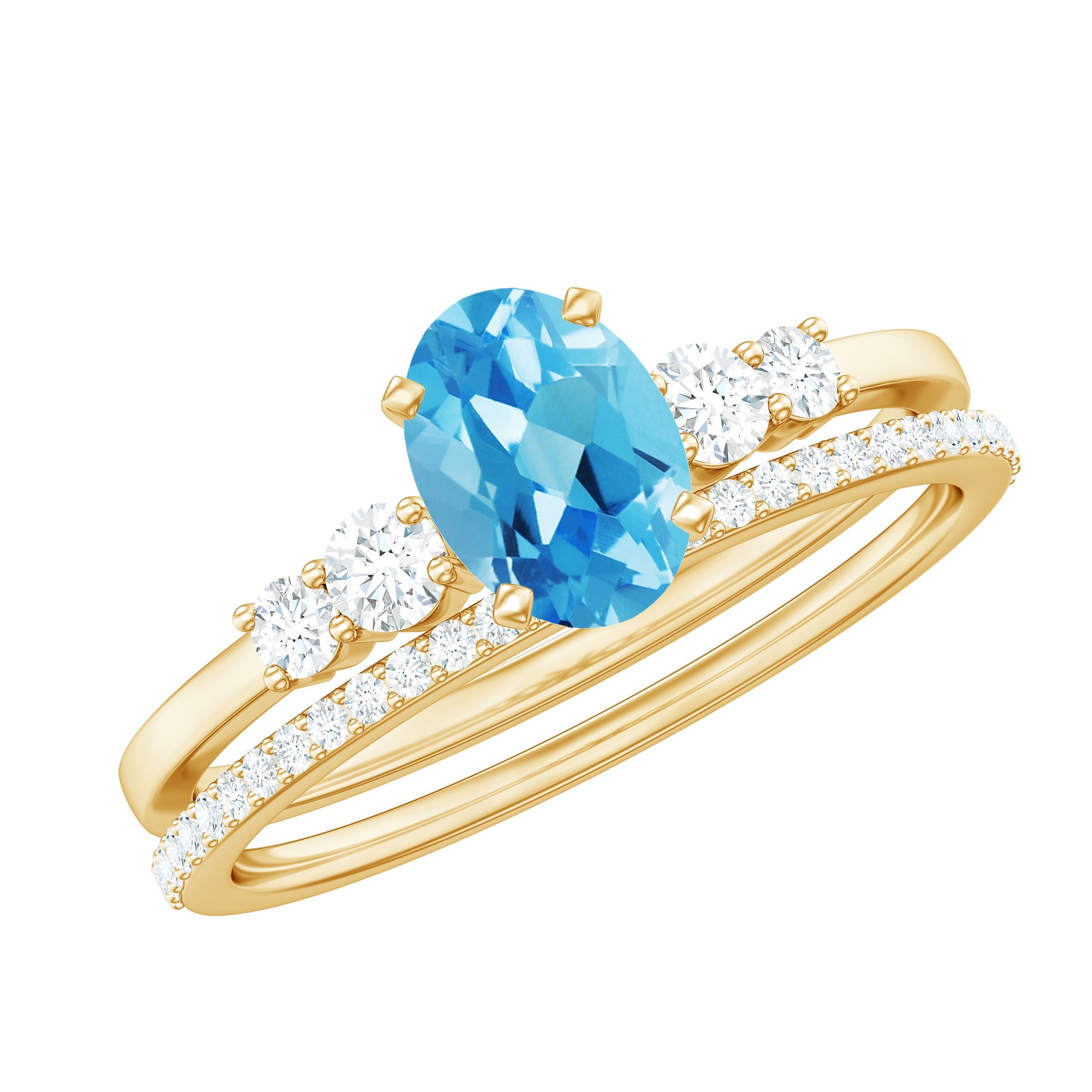 Oval Swiss Blue Topaz Diamond Wedding Ring Set in Silver