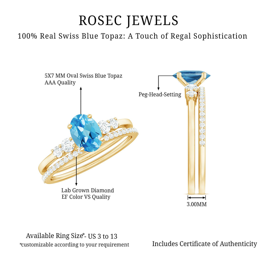 Oval Swiss Blue Topaz Diamond Wedding Ring Set in Silver