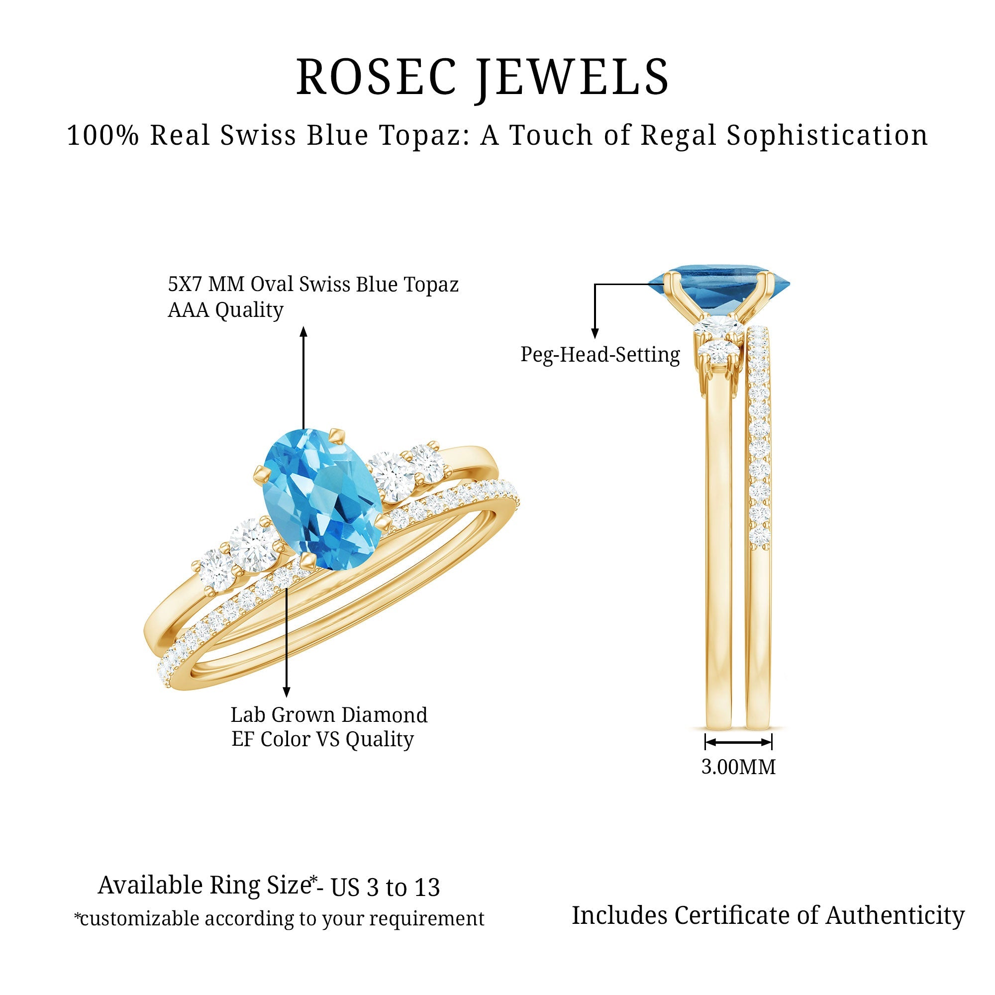 Oval Swiss Blue Topaz Diamond Wedding Ring Set in Silver