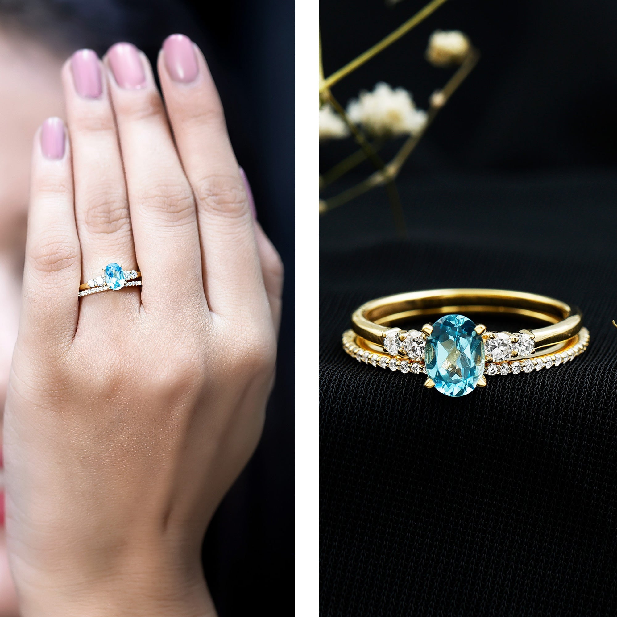 Oval Swiss Blue Topaz Diamond Wedding Ring Set in Silver