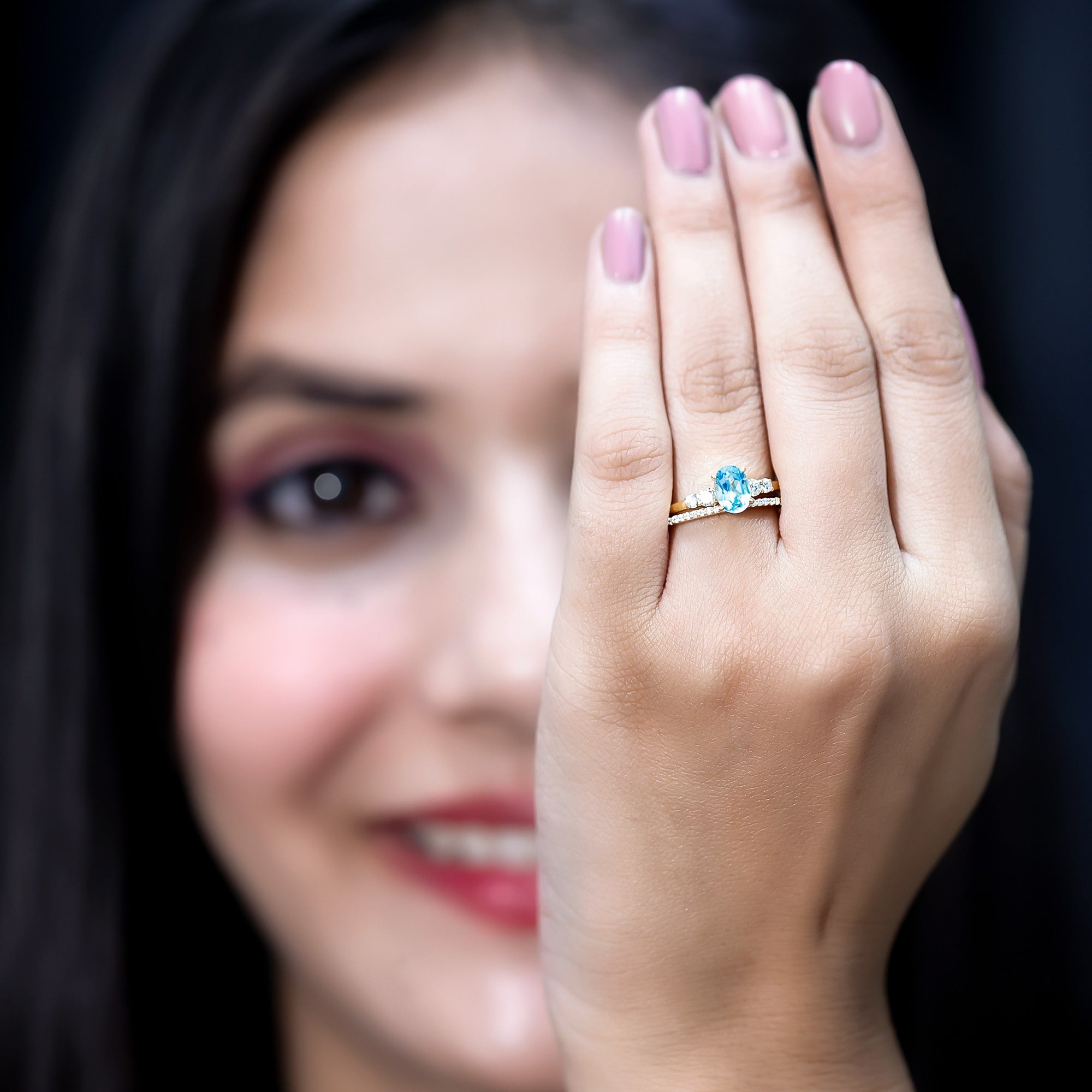 Oval Swiss Blue Topaz Diamond Wedding Ring Set in Silver