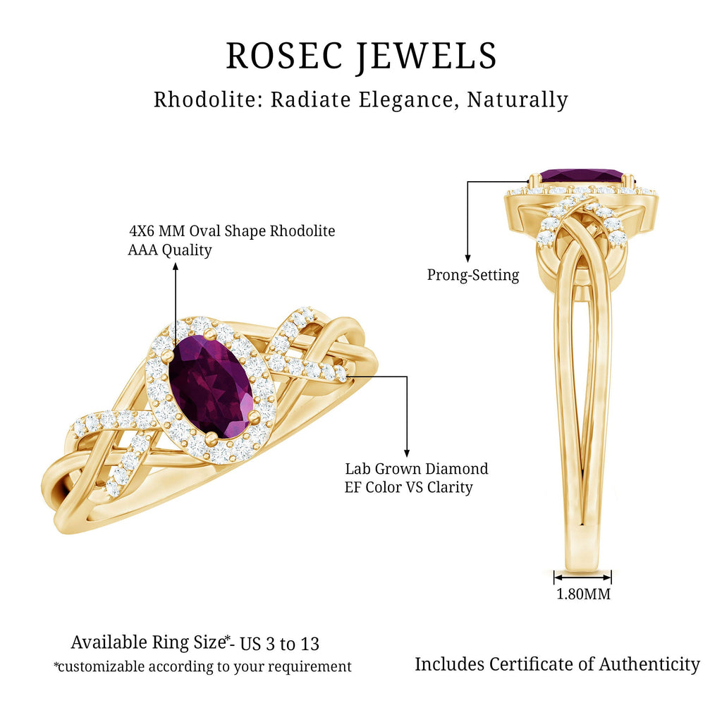 Oval Rhodolite Garnet and Diamond Criss Cross Engagement Ring