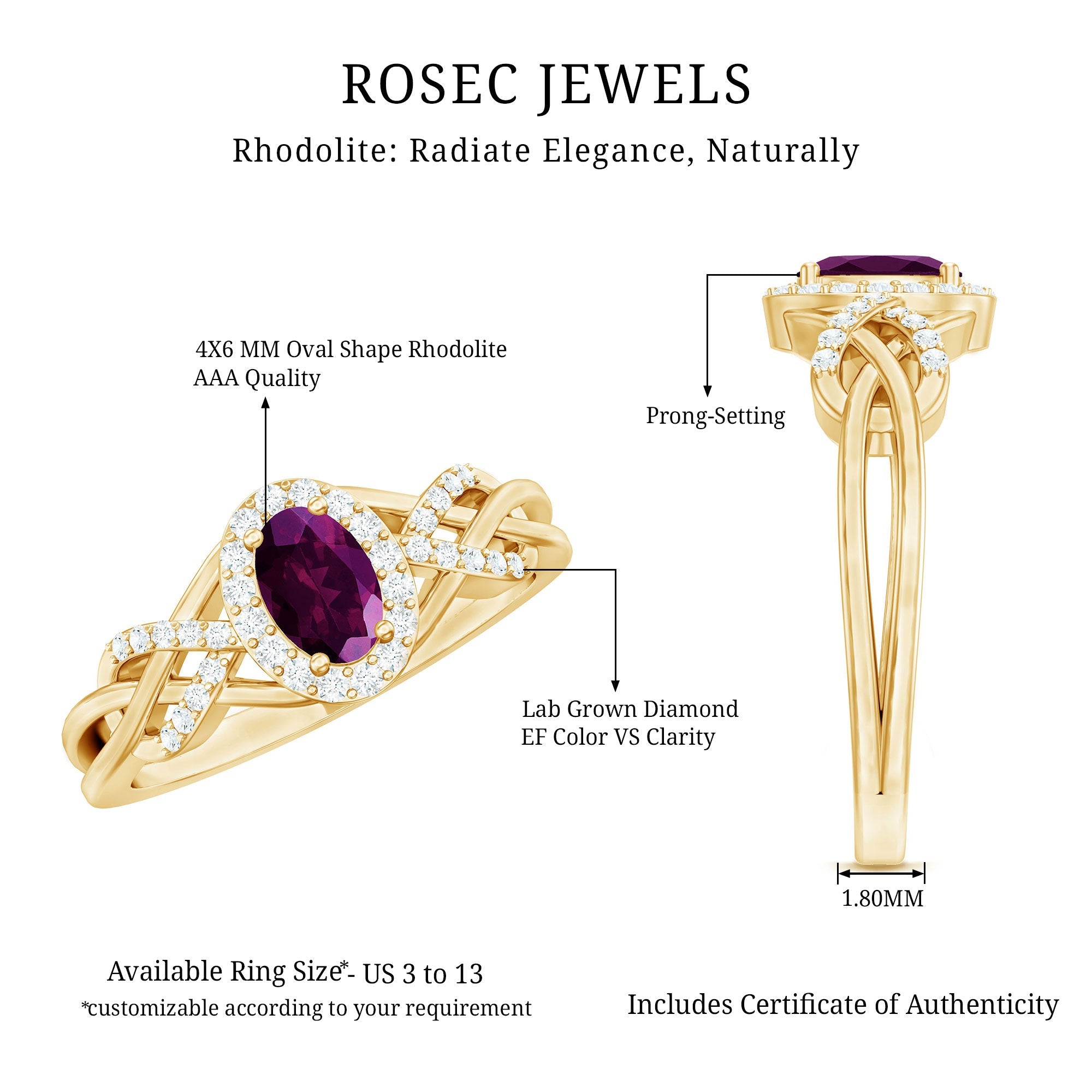 Oval Rhodolite Garnet and Diamond Criss Cross Engagement Ring