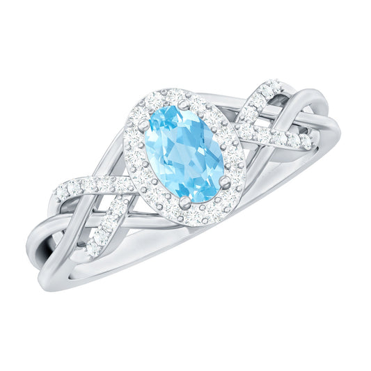 Genuine Aquamarine and Diamond Designer Engagement Ring in Silver
