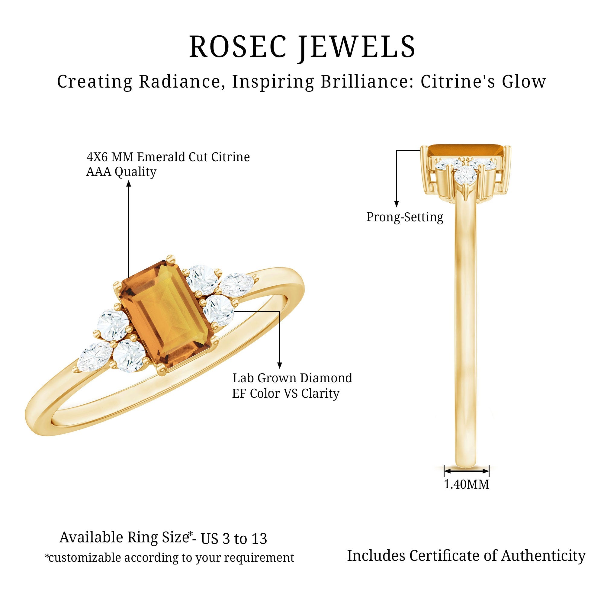 Emerald Cut Citrine Engagement Ring with Diamond Trio in Silver