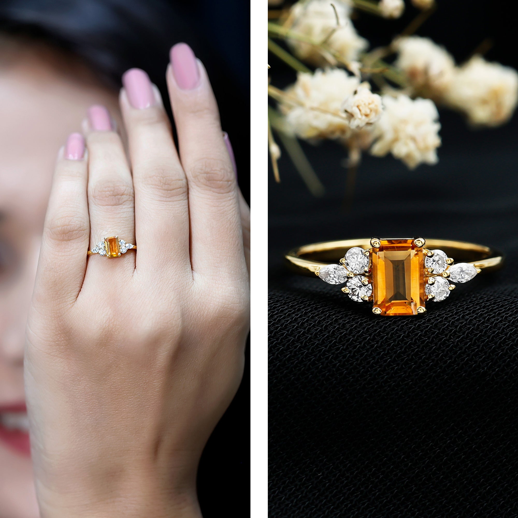 Emerald Cut Citrine Engagement Ring with Diamond Trio in Silver