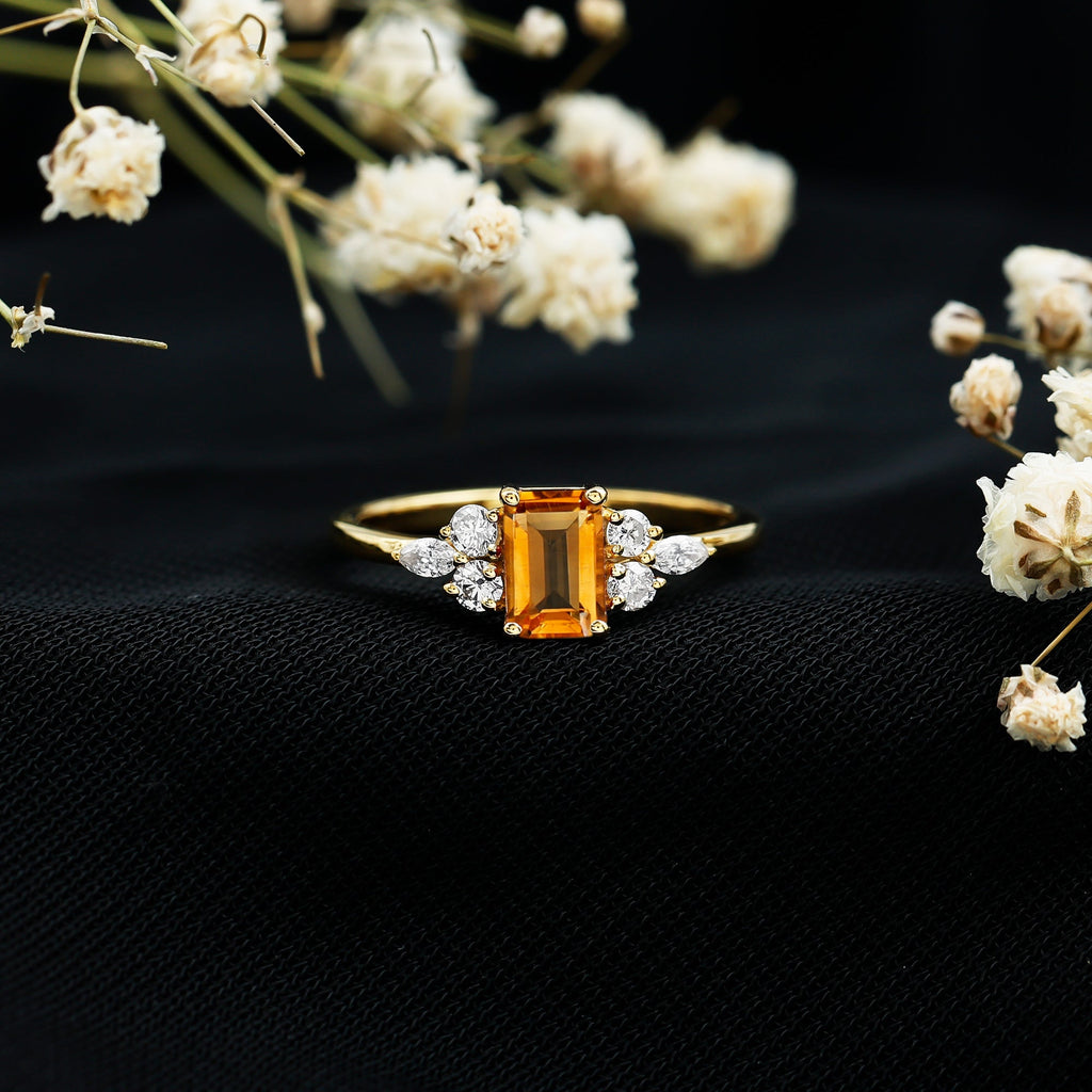 Emerald Cut Citrine Engagement Ring with Diamond Trio in Silver