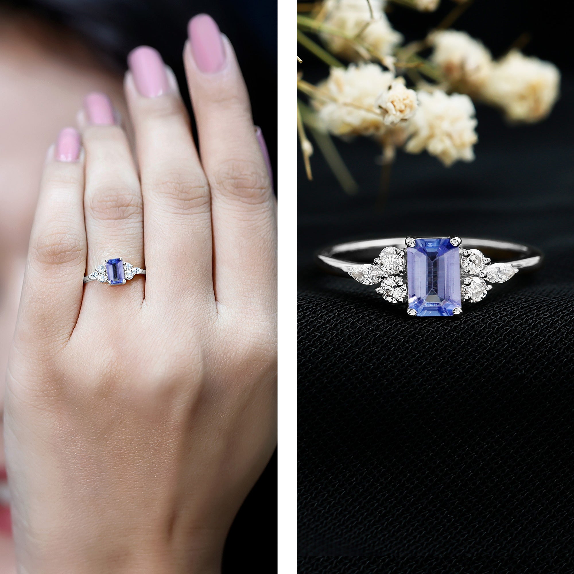 Emerald Cut Tanzanite and Diamond Promise Ring in Silver
