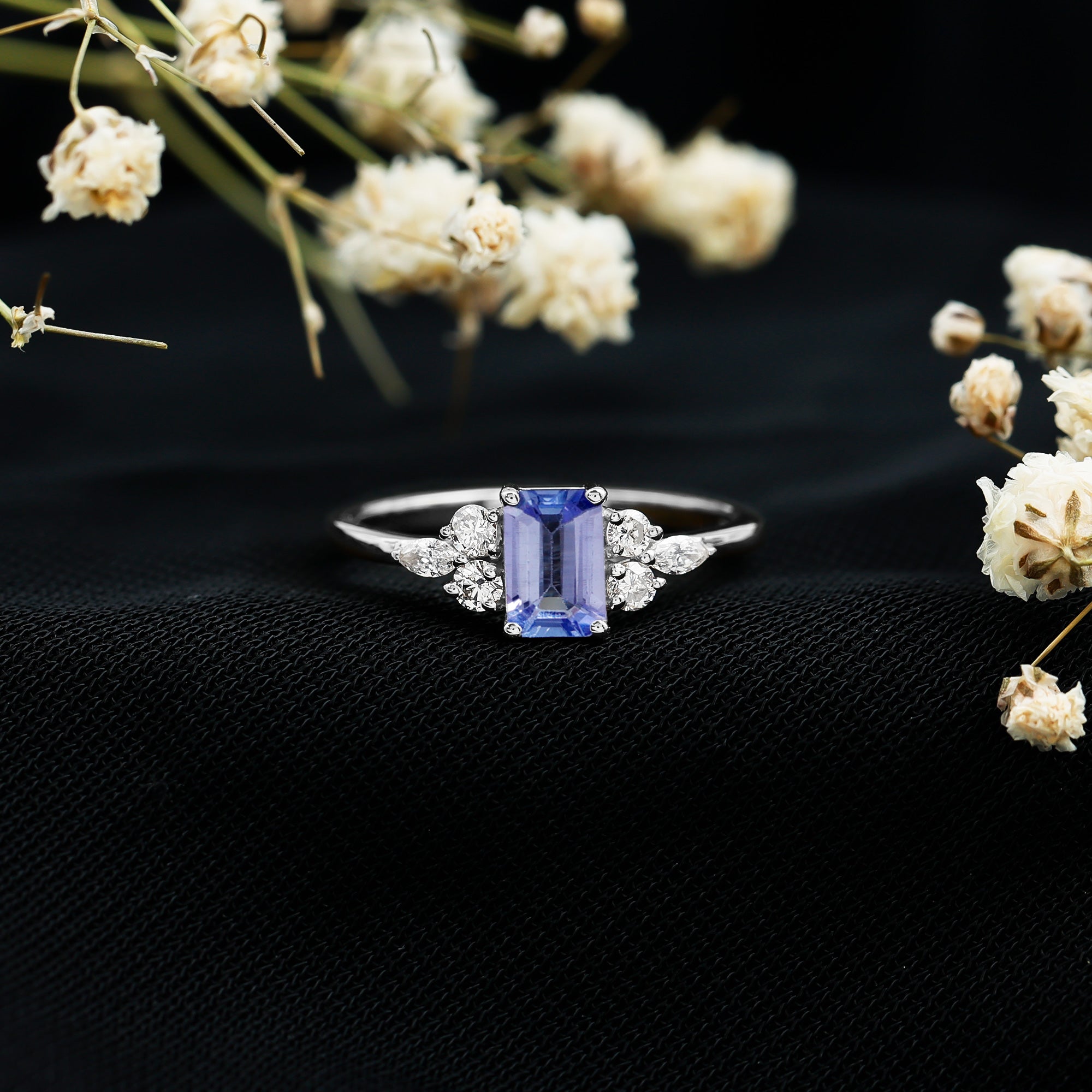 Emerald Cut Tanzanite and Diamond Promise Ring in Silver