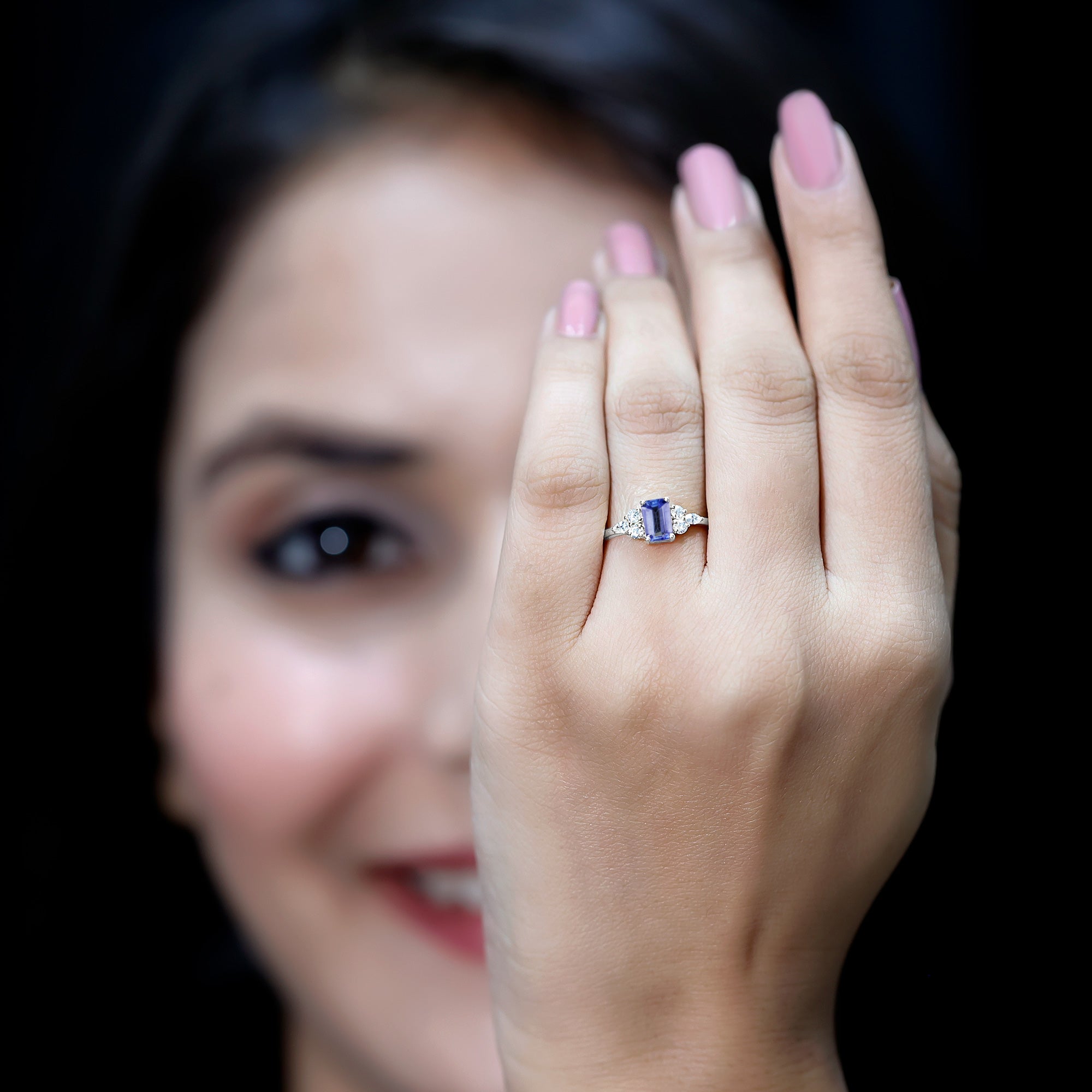 Emerald Cut Tanzanite and Diamond Promise Ring in Silver