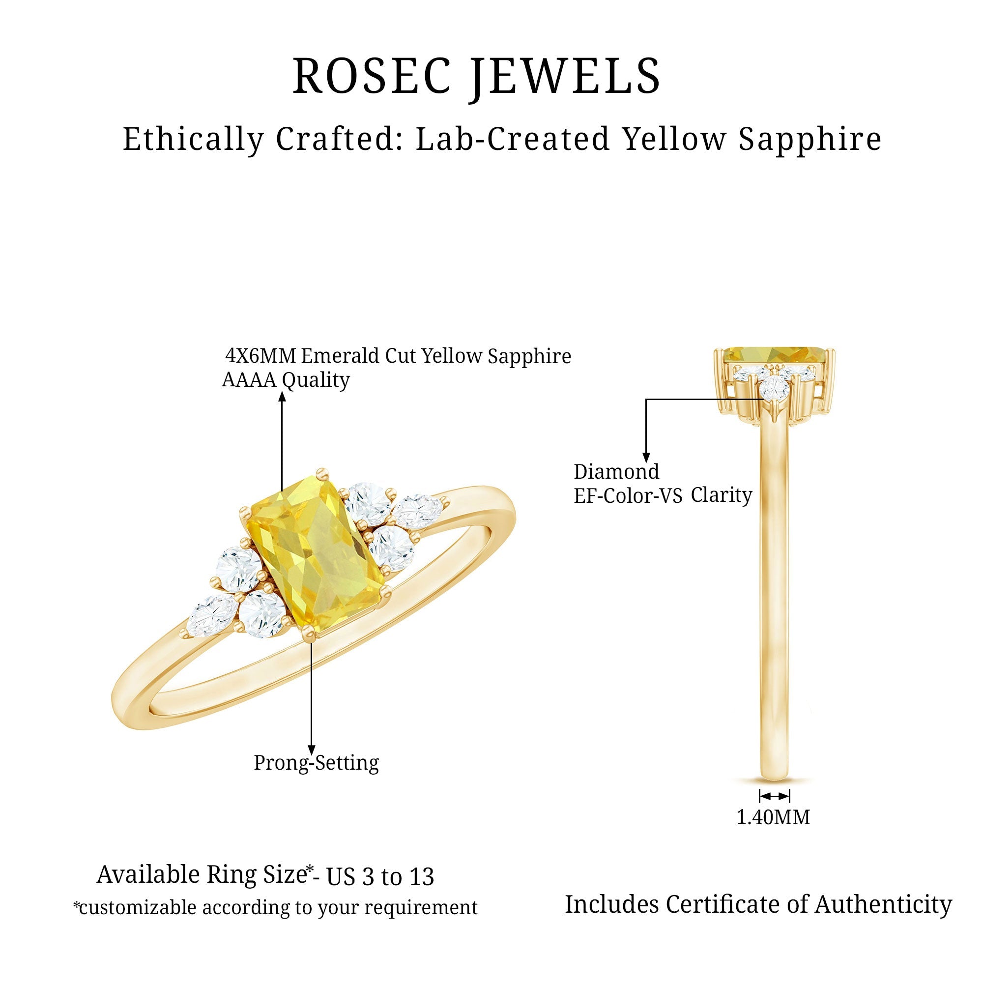 Emerald Cut Lab Created Yellow Sapphire Promise Engagement Ring
