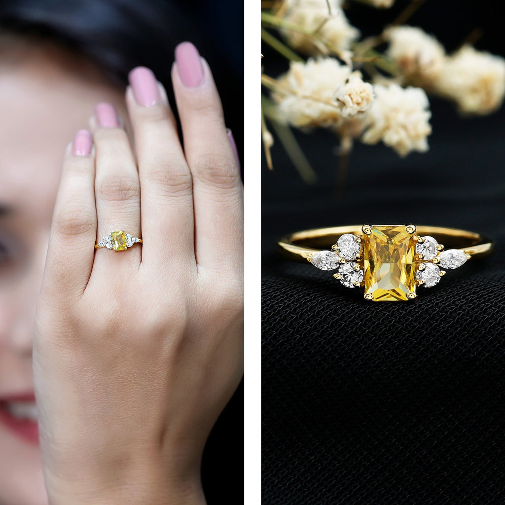 Emerald Cut Lab Created Yellow Sapphire Promise Engagement Ring