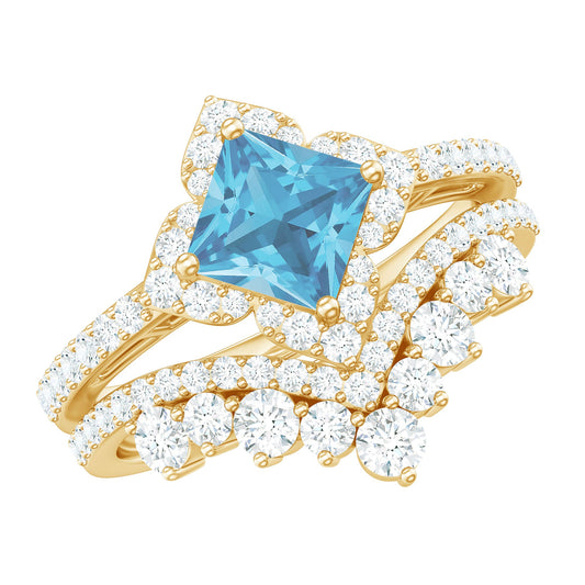 Princess Cut Swiss Blue Topaz Moissanite Floral Wedding Ring Set in Silver
