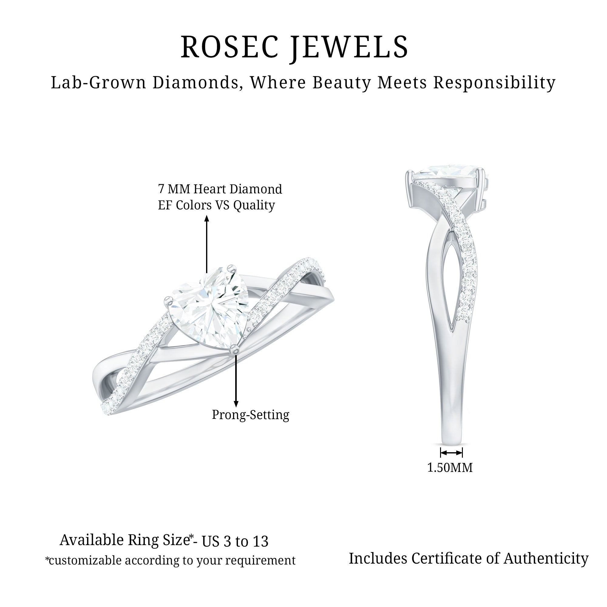 Lab Created Diamond Heart Crossover Engagement Ring