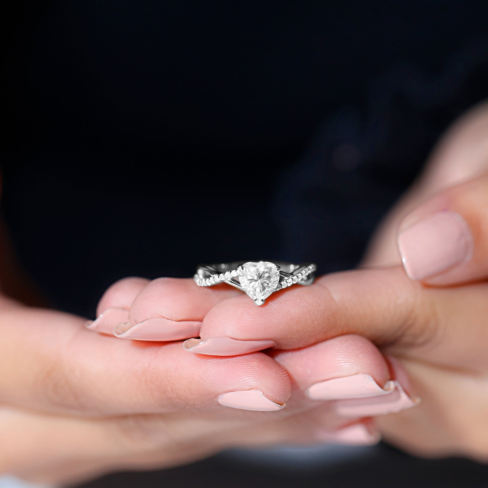 Lab Created Diamond Heart Crossover Engagement Ring