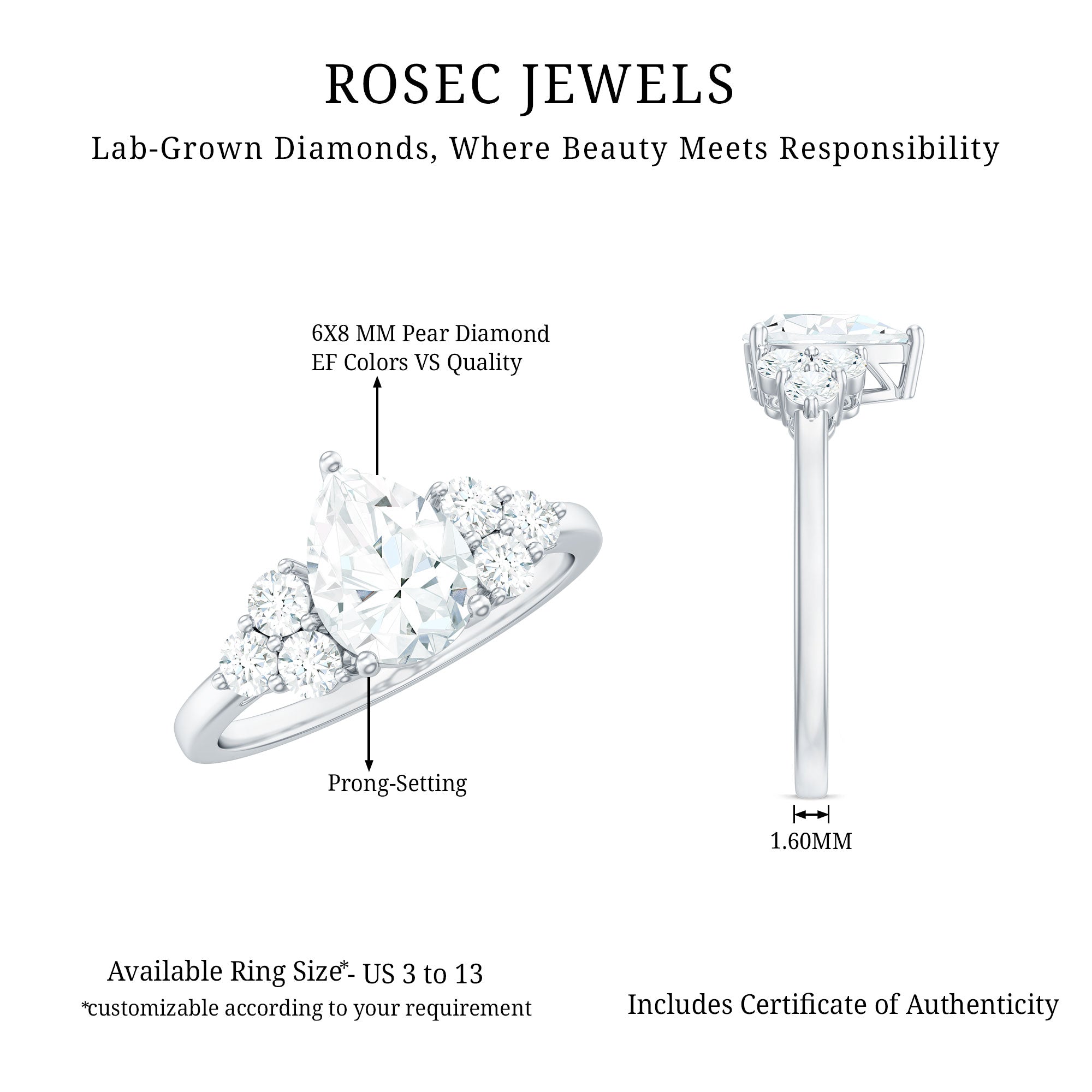 Lab Grown Diamond Teardrop Engagement Ring With Round Shape Trio