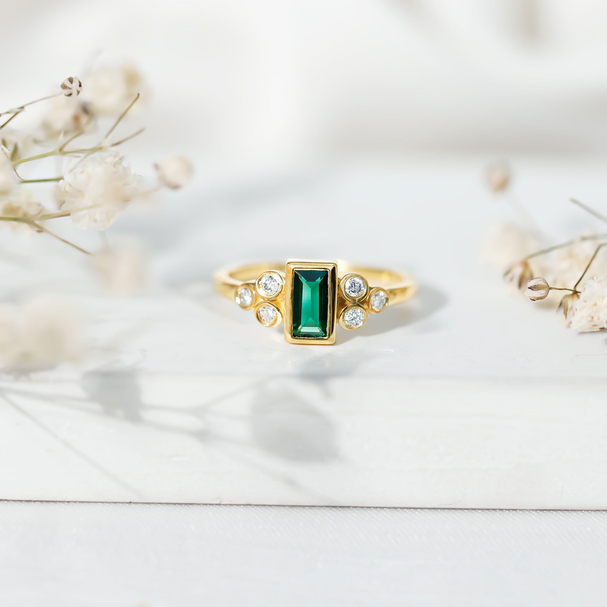 Bezel Set Lab Grown Emerald and Diamond Pre Engagement Ring