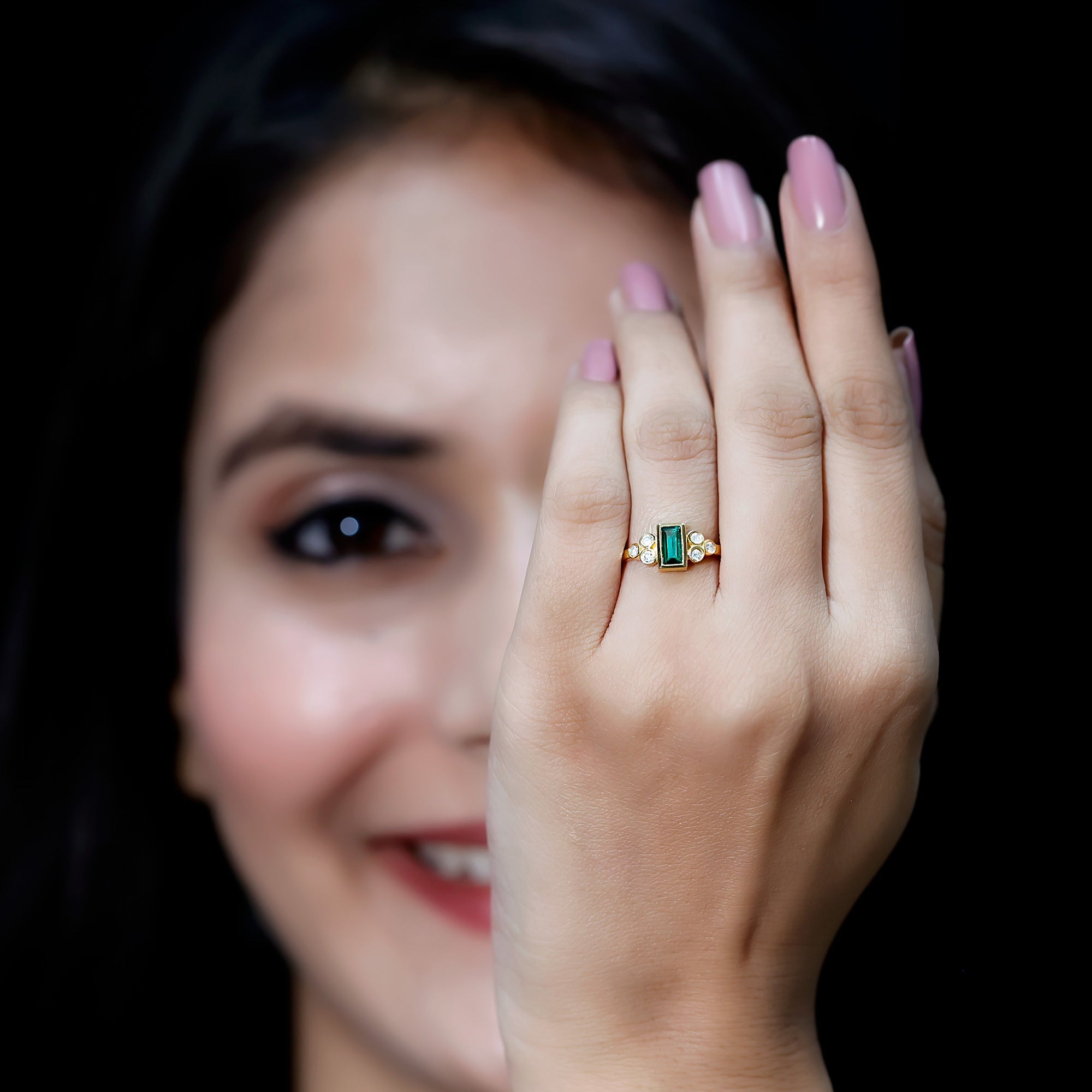 Bezel Set Lab Grown Emerald and Diamond Pre Engagement Ring