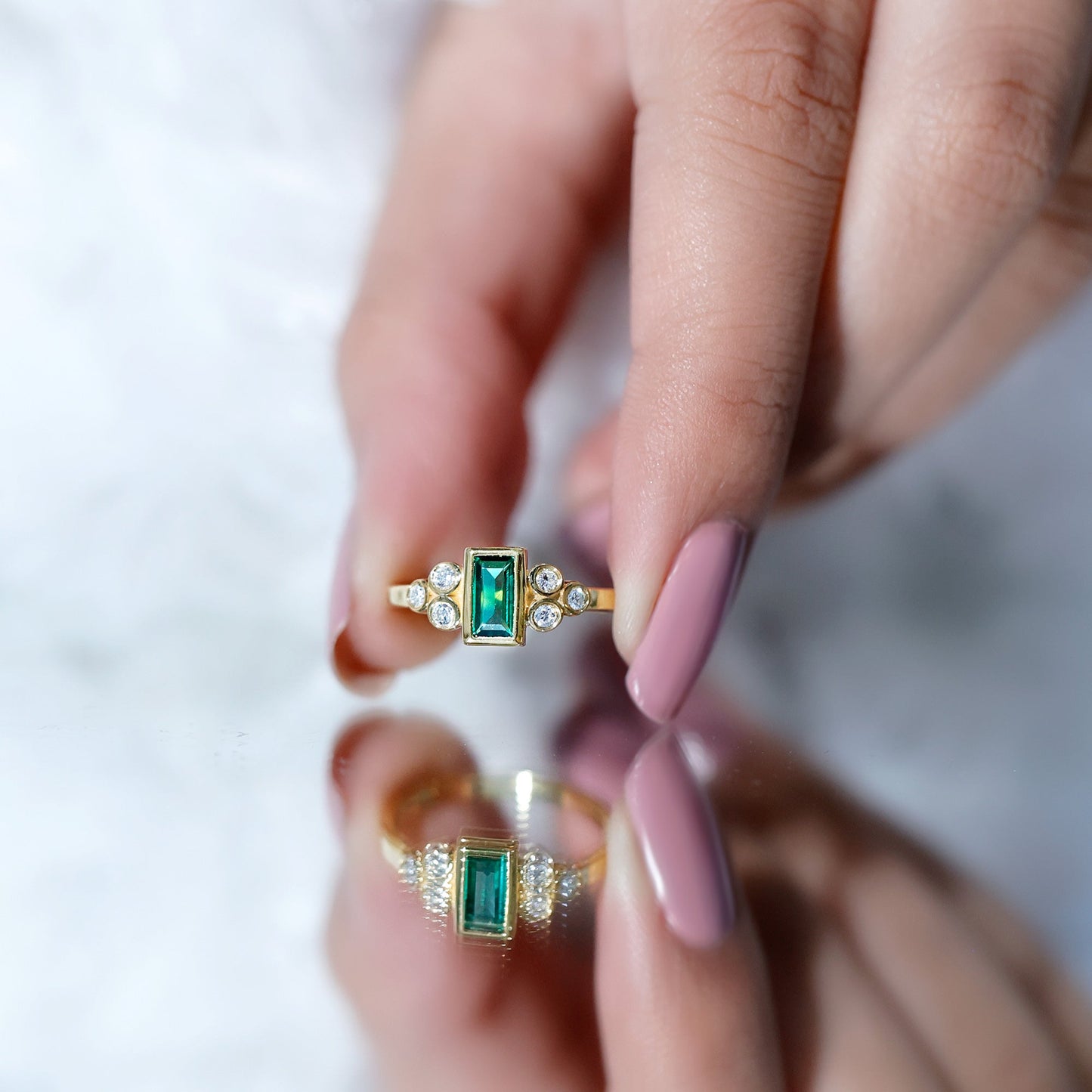 Bezel Set Lab Grown Emerald and Diamond Pre Engagement Ring