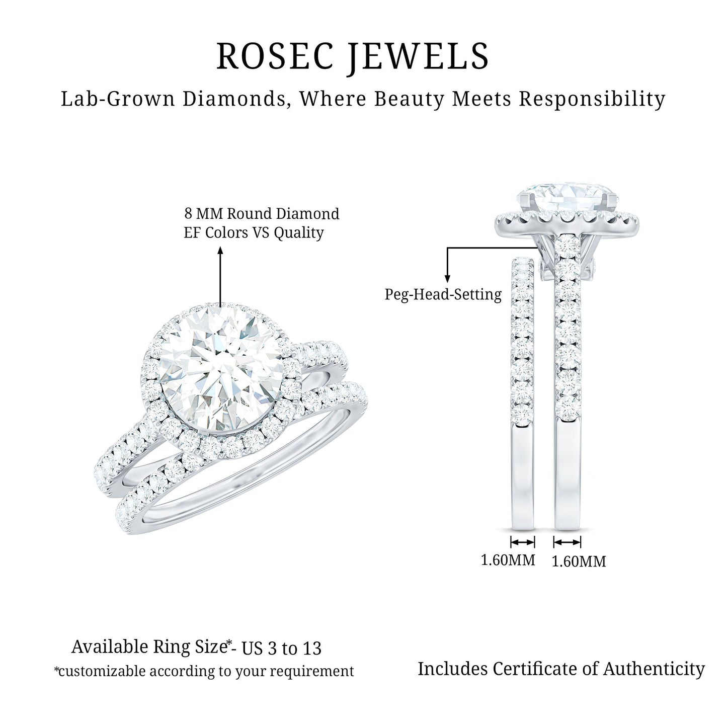 Certified Lab Grown Diamond Halo Ring With Wedding Band