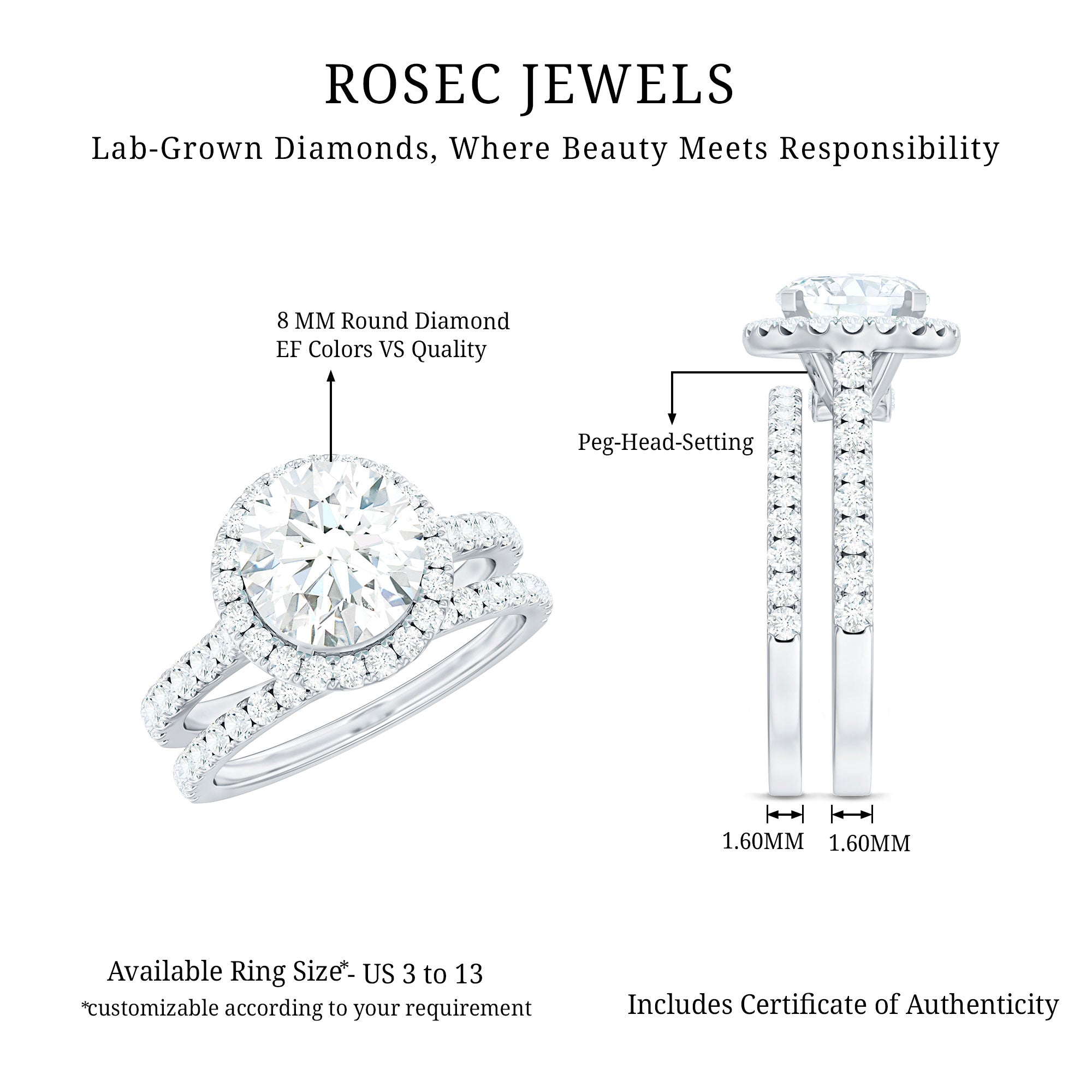 Certified Lab Grown Diamond Halo Ring With Wedding Band