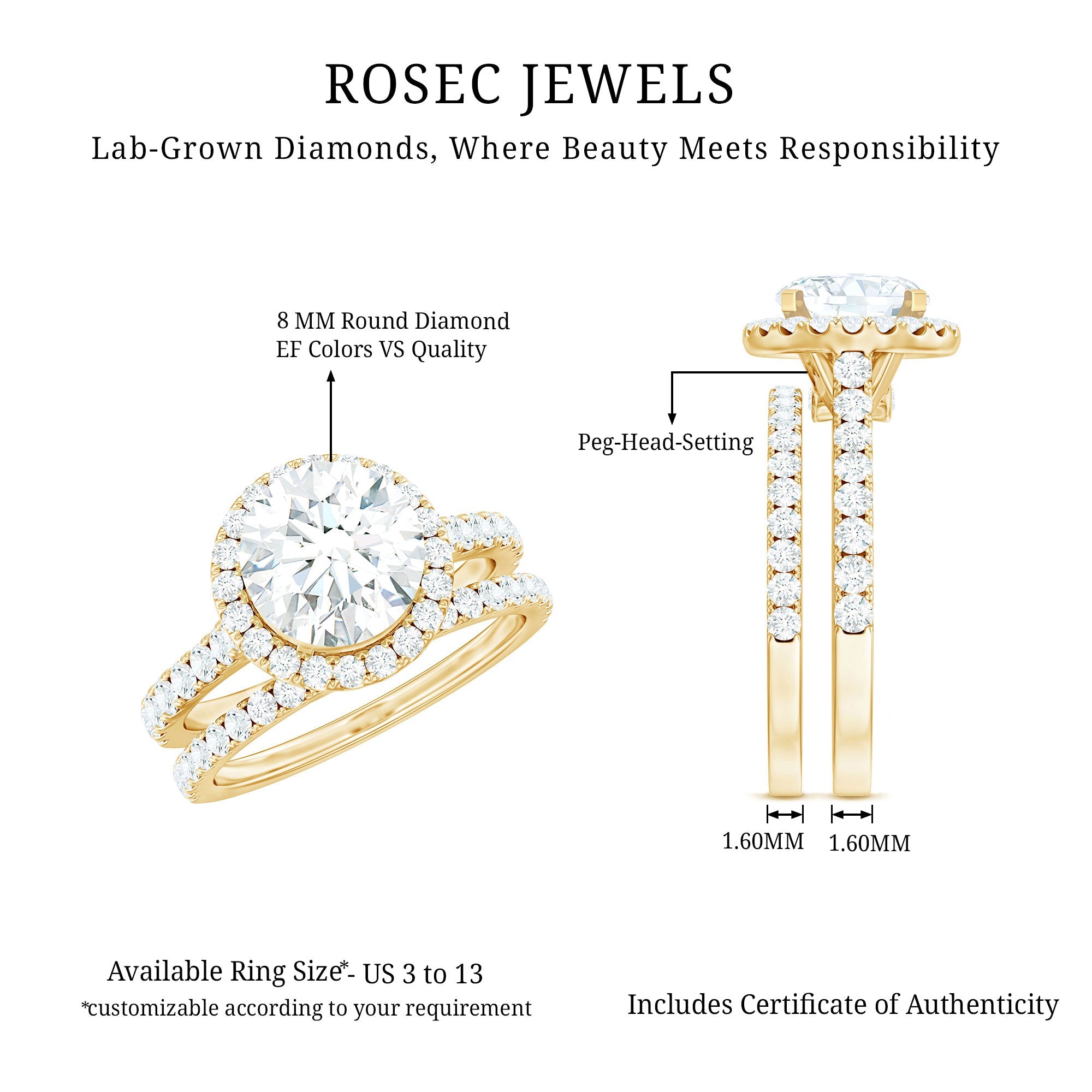 Certified Lab Grown Diamond Halo Ring With Wedding Band