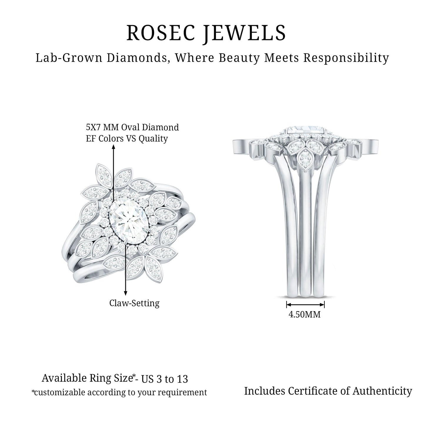 Lab Grown Diamond Vintage Engagement Ring with 2 Wedding Bands