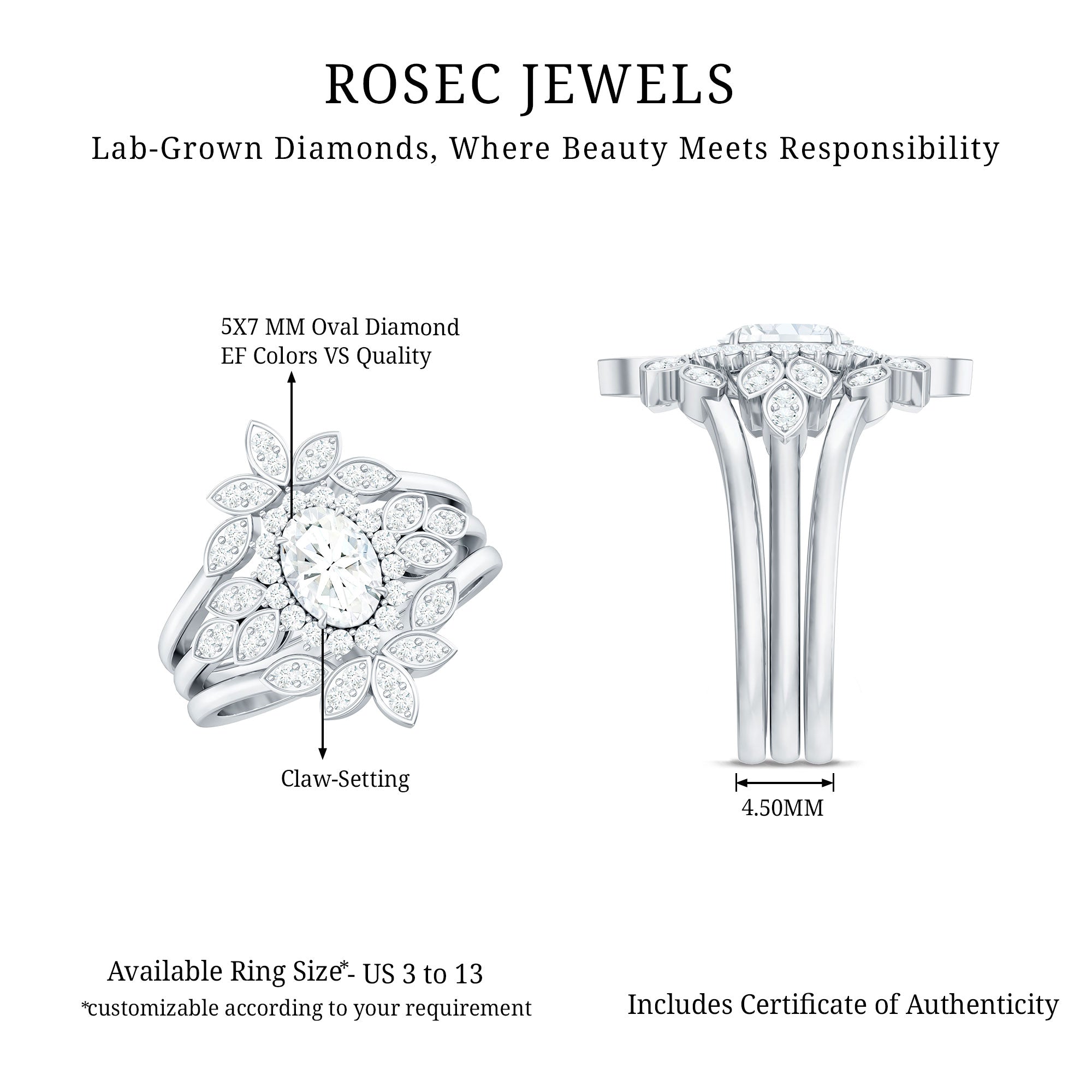 Lab Grown Diamond Vintage Engagement Ring with 2 Wedding Bands