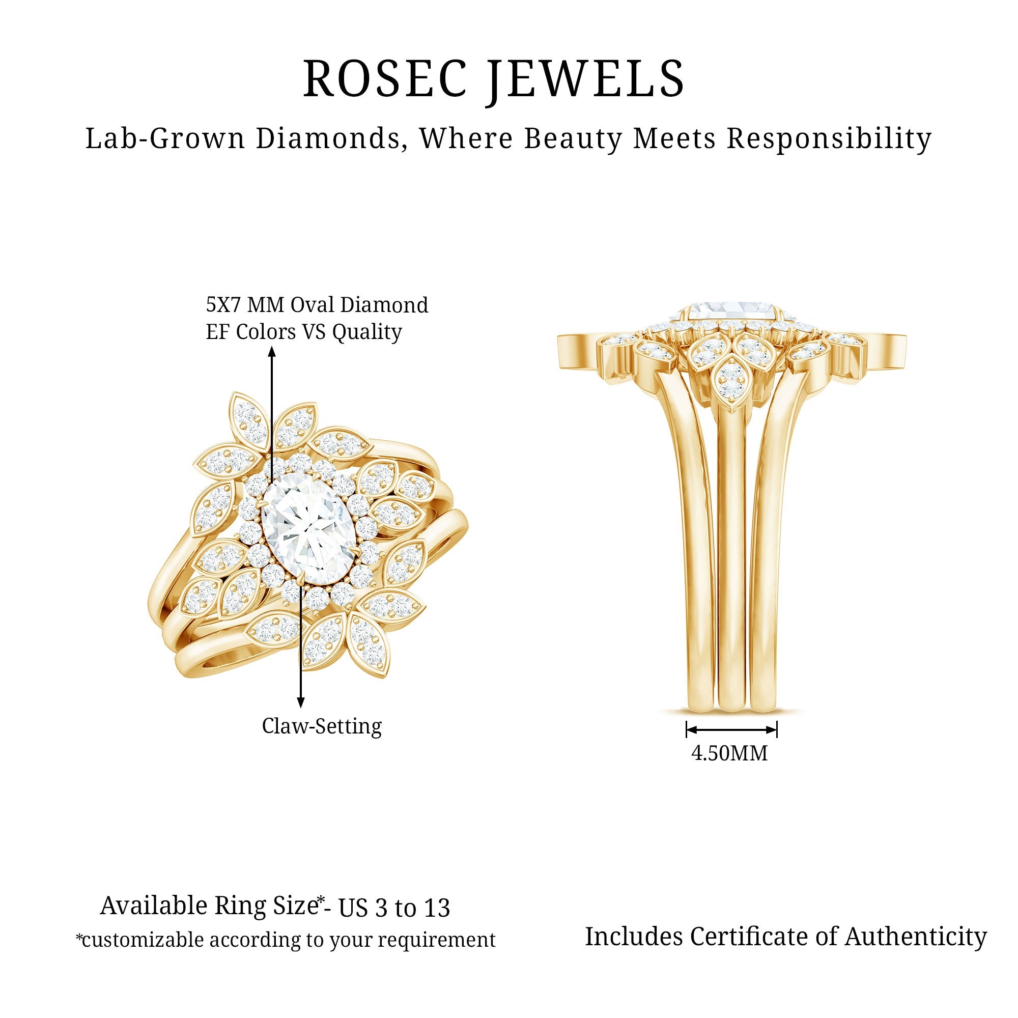 Lab Grown Diamond Vintage Engagement Ring with 2 Wedding Bands