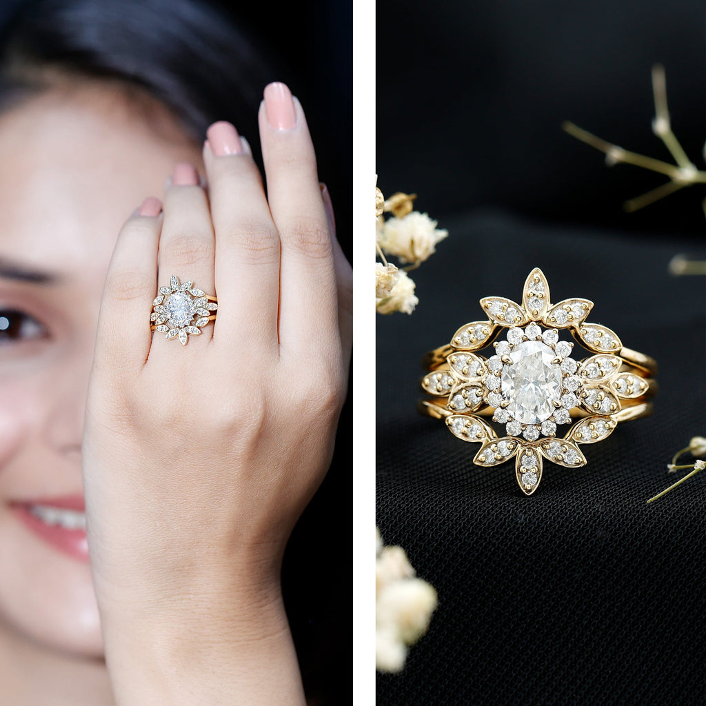 Lab Grown Diamond Vintage Engagement Ring with 2 Wedding Bands