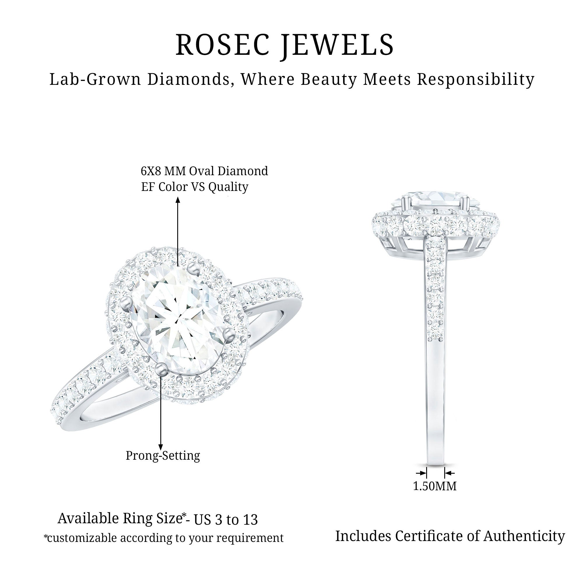 Certified 6X8 mm Lab Grown Diamond Oval Shape Engagement Ring