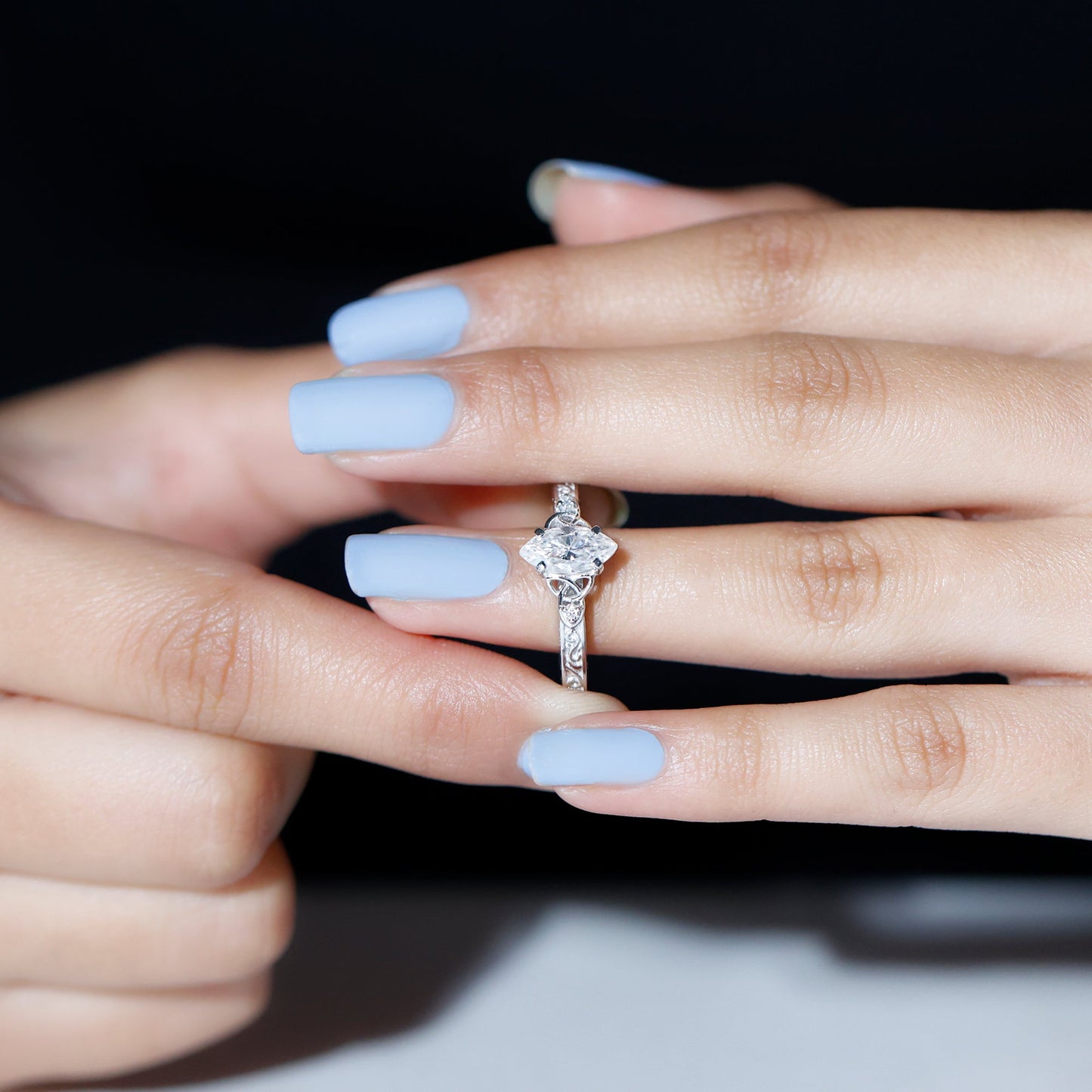 Lab Grown Diamond Marquise Engagement Ring with Celtic Knot Detail