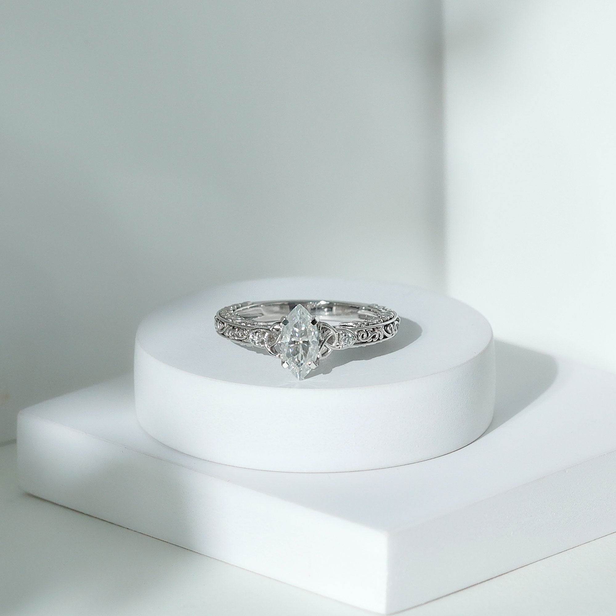 Lab Grown Diamond Marquise Engagement Ring with Celtic Knot Detail