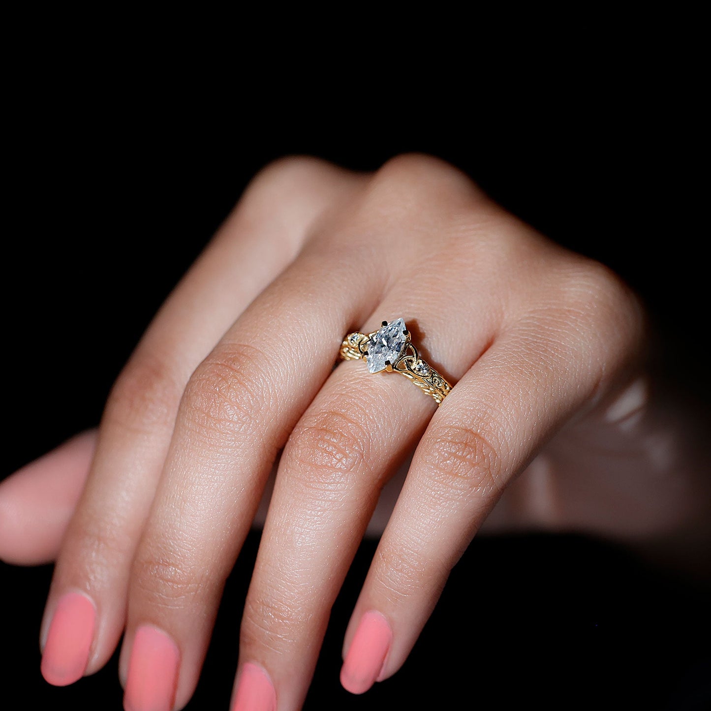 Lab Grown Diamond Marquise Engagement Ring with Celtic Knot Detail