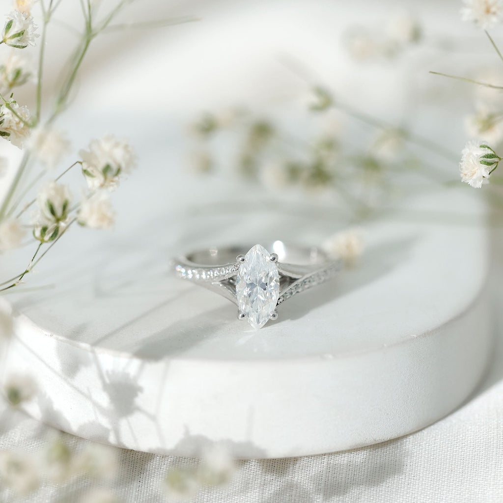 Brilliant Cut Lab Grown Diamond Marquise Engagement Ring with Split Shank